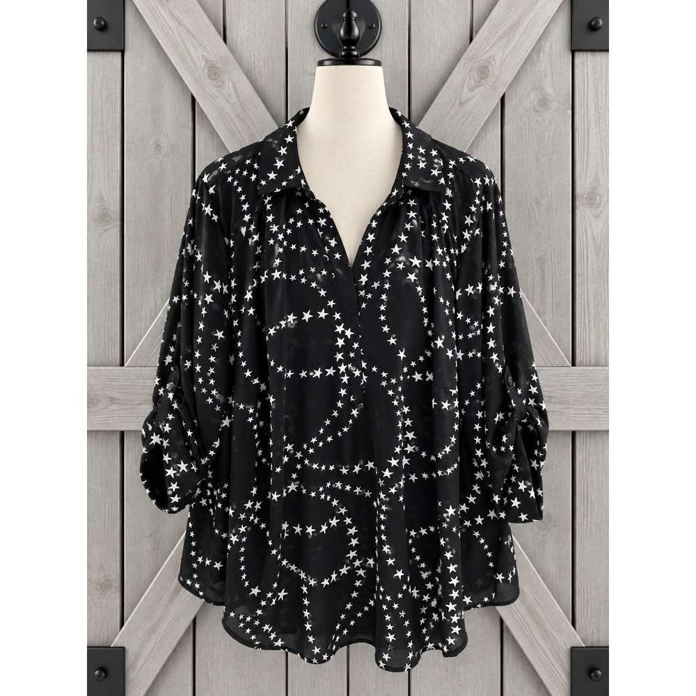 Torrid Harper Popover Top 3 3x Black White Star Novelty Print Roll Tab Georgette
